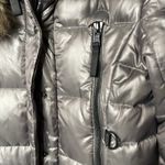 SAM. Women metallic silver millennium knee length puffer down coat fox fur sz S Photo 9