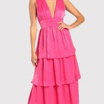 Lulus Dress Hot Pink Peak Party V Neck Layered Bow Tie Midi Barbiecore Large Photo 0