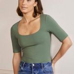 BODEN Square Neck Sage Green Extended Short Sleeve Stretch Fitted Bodysuit Size 2 Photo 0