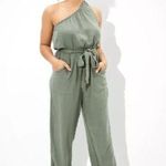 American Eagle  One Shoulder Linen Blend Jumpsuit in Olive - size XL Long Photo 0