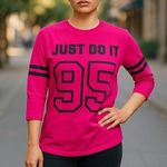 Nike  "Just Do It" Bright Pink Cotton Jersey Tee Shirt Top Black Trim ~ Ladies SM Photo 0