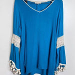 Solitaire  Swim Cover Up Womens Beachy Blue Pompom V Neck Long Sleeve Size Large Photo 0