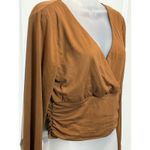 Moa Moa  Brown Beige Long Sleeve Ruched V Neck Wrap Crop Top Large Womens Photo 3