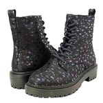 Tinstree Combat Boot Metallic Blue Printed Lug Sole 8 Eye Lace Up Boots Size 6 Black Photo 0