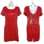 Vintage Red Sequin Beaded Cap Sleeve Mini Shift Dress Holiday Christmas Small Photo 2
