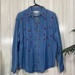 Mary Jane Lady Bug Beetle Embroidered Button Down Chambray Overshirt sz S Small Blue Photo 0