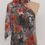Floral Scarf Red Poppy Black Gray Sheer Lightweight Classic Fall Office 60x13.5 Photo 0