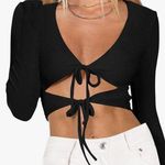 Princess Polly Deep V Neck Ribbed Knit Long Sleeve Tied Cutout Crop Top Size 4 Photo 0