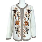Vintage 70s Folk Art Cottage Cathy Embroidered Floral Cardigan Sweater Large White Photo 4