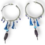 Free People Western Bohemian Beaded Fringe Hoops Earrings Silver Blue Festival Photo 2