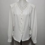 Liz Baker  90s White Lace Trim Button Up Blouse Size 14 Victorian Feminine Retro Photo 1