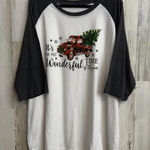 Buffalo Plaid Red Truck Christmas Raglan Tee Women’s 3XL Graphic Holiday Top White Size 3X Photo 0