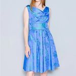 THEIA Floral Jacquard Sleeveless Pleated Dress in Blue Green Size 8‎ Photo 1