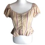 Active USA Button Down Ruffle Hem Print Linen Blend Woven Babydoll Top Photo 97