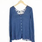 Free People  Easy Breezy Jersey Lace Back Tee Smal Navy Blue Long Sleeve Photo 2