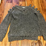 Moral Fiber Women’s  grey hi-low v-neck knit sweater with cold shoulder details. Size medium Photo 0