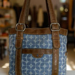 Fossil Blue And Ivory Floral Pattern Canvas Bag Brown Leather No Key Photo 0