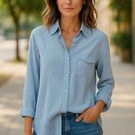 Chico's  Button Down Blouse Womens Size 3 Striped Gold Charm Blue White Photo 0