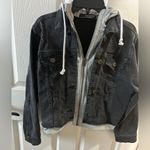 Contraband Black Distressed Denim Jacket w attached gray hoodie medium Photo 1