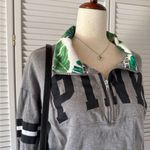 PINK - Victoria's Secret Victoria’s Secret PINK Grey Quarter Zip Tropical Themed Sweatshirt Photo 2