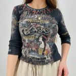 vintage western cowgirl y2k retro biker motorcycle 3/4 sleeve top size S Blue Photo 1