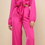 Lulus  Trendsetting Direction Magenta Satin Tie Front Wide Leg Jumpsuit Photo 0