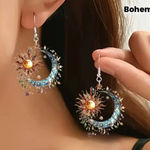 Women’s 2D Flat Bohemian Style Sun and Moon Pendant Dangle Earrings NWT Gold Photo 0