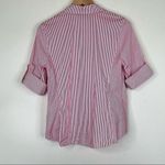 NYDJ  red white stripe ruffle front button down short tab sleeve blouse stretch S Photo 4