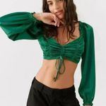 Urban Outfitters  Green Satin Feel Long Puff Sleeve Tie Back Crop Top Size M Photo 6