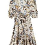 Espresso Midi Dress XS Tan Floral Paisley Square Neck Belted Tiered Euro Summer Brown Size 0 Photo 0