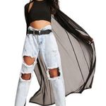 Long Black Sheer Long Sleeve Kimono Cardigan with Belt Photo 0