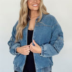 Blue Blush Women’s M Oversized Denim Bomber Jacket Blue Insulated Chore Barn Photo 0