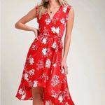 Lulus NWT  Blossom Type of Way Midi Dress Wrap Red Floral Medium High Low Photo 5