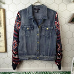 Flying Tomato Denim Jacket with Red Patterned Sweater Sleeves - Size - Medium Photo 0