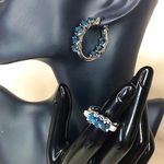 Blue Spinel Hoop Earrings & Ring Set Sz 8 Electroplated Rhodium Sterling Silver Photo 1