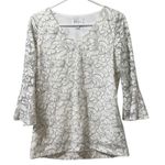 Elle  white floral lace lined Scoop Neck 3/4 bell  sleeve blouse women's size M‎ Photo 0