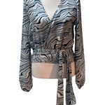 Streetwear Society NWT 2 Tone Blue & White Abstract Print Sheer Long Sleeve Wrap Photo 0