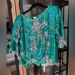 Vintage 80s Sequins Silk Beaded Top Emerald Floral life of a showgirl blouse Silver Size M Photo 3