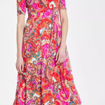 MSK Vibrant Multicolor Printed Collared Short Sleeve Midi Dress Size Large Pink Photo 0