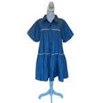En Saison Anthropologie Tara Puff Sleeve Babydoll Shirt Dress Women’s Large Blue Photo 2