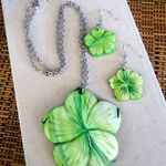 Boho Green Mother of Pearl Plumeria Flower Necklace and Matching Earrings Photo 1