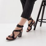 Tom Ford  Black Strappy Leather Toe Ring Metallic Tan Block Heel Sandals Photo 2