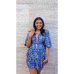 Sandro  Blue Floral Linen Blend A-Line V-Neck Mini Dress Size 36 US 4 Photo 2