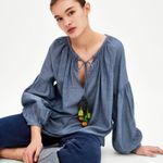 ZARA NEW Linen denim puffy sleeves Pompom XS Photo 2