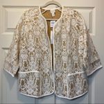 Chico's  Bonded Lace Henrietta Cardigan Jacket Faux Leather Tan White Size 2 Large Photo 4