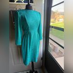 Vintage 80s Henry Lee teal floral monochrome fitted long sleeve dress, size 6 Blue Photo 1