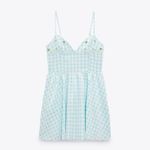 ZARA NEW  GINGHAM DRESS V NECK‎ MINI POCKETS BEADED FLOWER DETAILED SIZE XXL Photo 4