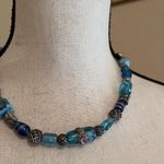 Women’s Bead Costume Necklace Beaded Silver Tone Blue Glass Photo 2