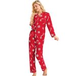 Women's Red Christmas Holiday Collared Long Sleeve Pajama Set Photo 5