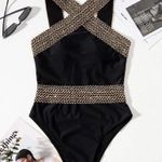 SheIn Black and Gold One Piece Swimsuit with High-Cut Leg Photo 1